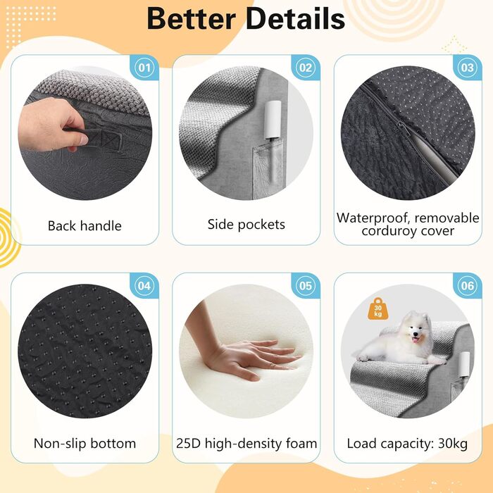 Сходинка для собак та котів на 3 сходинки, 40 см, з неслизьким покриттям. Зручна рампочка для собак та котів похилого віку, маленьких порід. Виготовлена з 30D піни, знімна та миється. Підходить для софи, ліжка, авто.