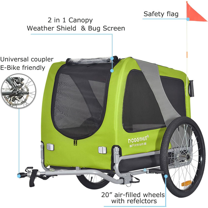DOGGYHUT® Преміум великий велосипедний причіп для собак 2 в 1, буксир для собак, біговий причіп для собак, великий об'єм 270 літрів, для середніх та великих собак до 35 кг, зелений / чорний