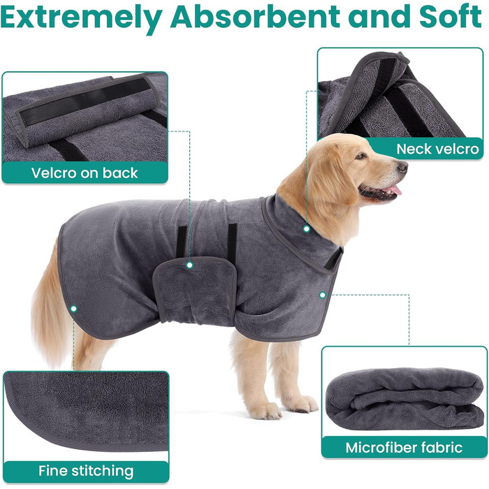Рушник для собак PETTOM: Швидковисихаючий халат з мікрофібри для великих собак (L, сірий)