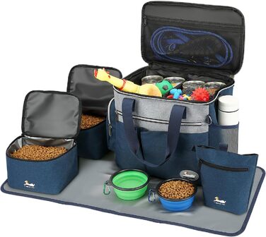 Тайхойін Сумка-переноска для собак, подорожі, комплект для догляду: 2 місткості для корму, 2 складані миски, килимок, кишеня для ласощів, зелено-блакитний