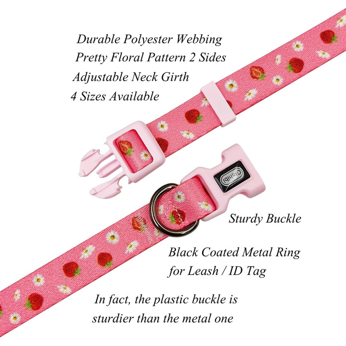 Нашийник для собак Oahibi з принтом черешень, рожевий, поліестер, розмір L, комплект з малюнком полуниці та гусячої лапки