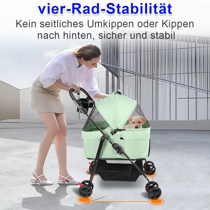 Візок для собак і котів OHMG, розкладний, до 20 кг, з гальмами, великий кошик, 3 вікна, тримач для напоїв, зелений (50 x 65 x 99 см)