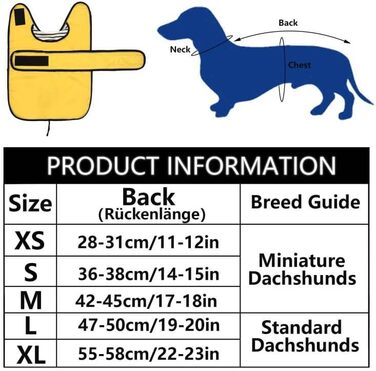 Жовтий дощовик для собак, регульований, водовідштовхуючий, для такс, з відбиваючими елементами, з реміннем на липучці, розмір M (довжина спини 42-45 см)