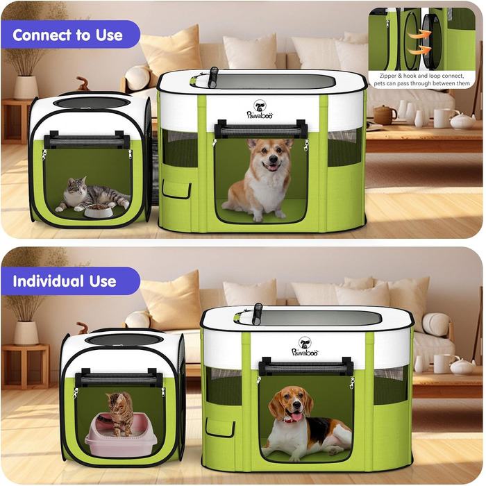 Pawaboo Зручний портативний вольєр для тварин, складаний вольєр для собак з водонепроникного оксфорду, клітка для котів з сумкою, мискою, для цуценят, котів, кроликів, для використання в приміщенні та на вулиці, зелений, M-80×60×55см, (2-в-1 вольєр, A-Біл