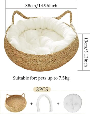 Кігтеточка-ліжко для котів з соломи та м'яким подушкою, 43 см, зручне ліжко для кошенят, ліжко для котів + біле подушко + об'ємні подушки