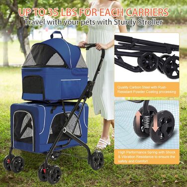 Дитяча коляска для собак 4-в-1, блакитна: для малих/середніх собак, з сумкою-переноскою, для 2 собак/кішок