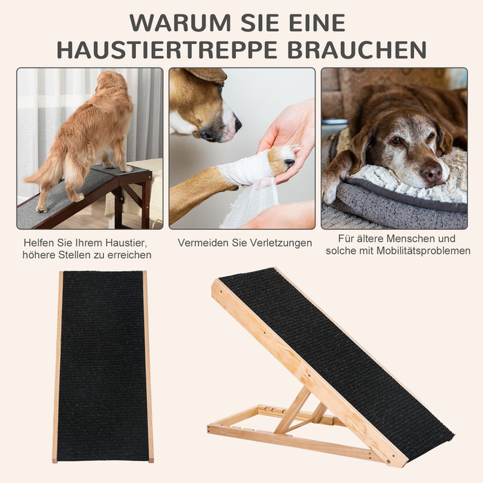 PawHut Pet Ramp Регульований пандус для собак з нековзним килимом з соснового дерева та поліестеру 90x40x61см для собак та котів