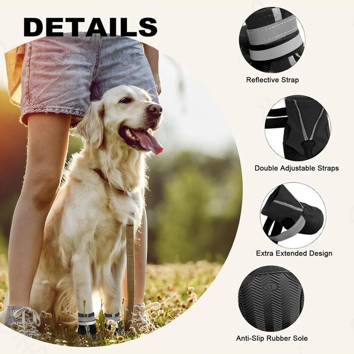 Чоботи для собак AMOMYDOG, 4 шт. Дихаючі, з неслизькою підошвою, регульовані світловідбиваючі застібки-липучки. Підходять для малих, середніх та великих собак (Чорний, L)