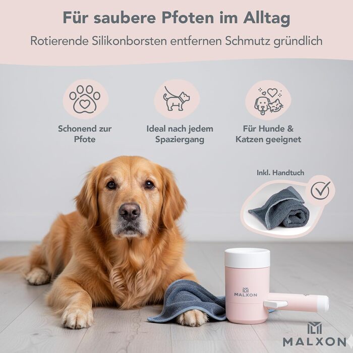 Очисник лап для котів та дрібних собак MALXON® | Ротаційні силіконові щітки, м'яке та швидке очищення, з мікрофібровою тканиною, рожевий/білий