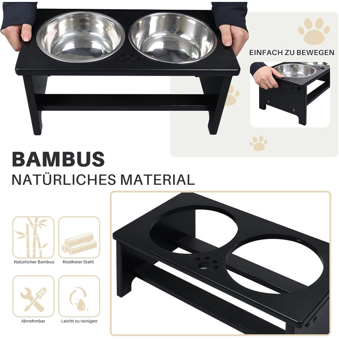 Підвищені годівниці для собак HTB, бамбук, з 2 мисками з нержавіючої сталі, 44x24x18 см, 18 см висота, чорний колір