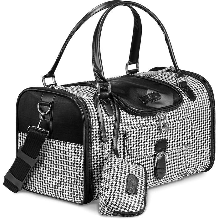 Чорна переносна сумка-переноска для собак і котів до 4,5 кг, з розширенням, PU-шкіра, для подорожей, з кишенею для аксесуарів