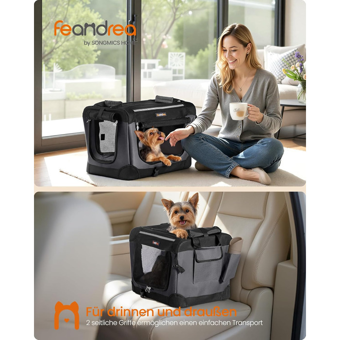Клітка для собак Feandrea, 50x35x35 см, складана переноска для маленьких собак, чорна, з місткістю для води та корму