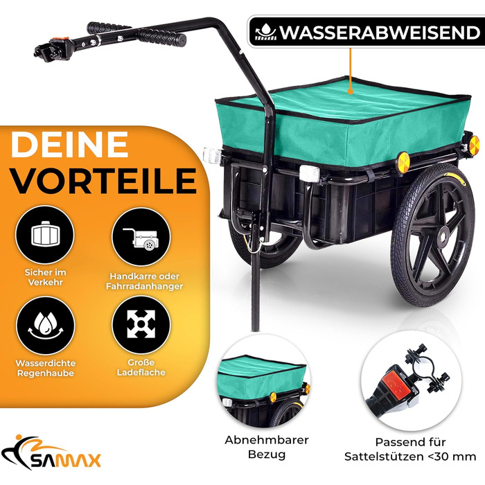 Причіп для велосипеда SAMAX 90 літрів, 80 кг з комплектом: з'єднувач, захисний тент, кріплення. Чорний, для перевезення вантажів.