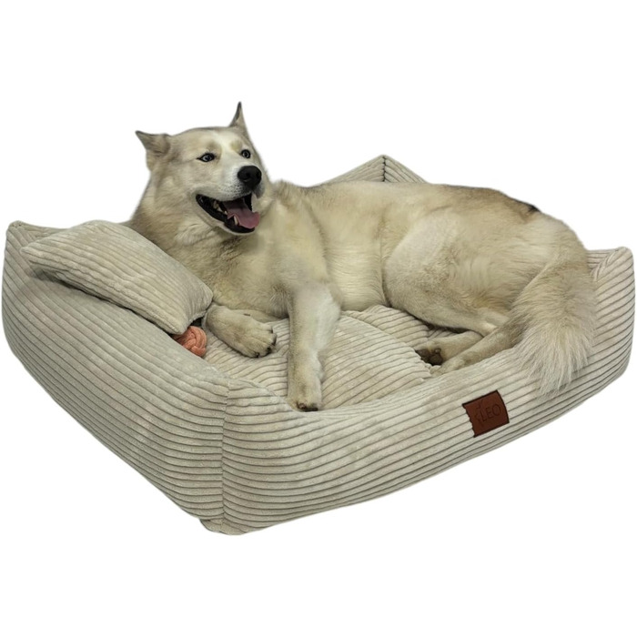 Лежак для собак Leo4dog Cord, знімний та праний чохол, бежевий, XL 115x90 см – м'яке ліжко для малих, середніх і великих собак