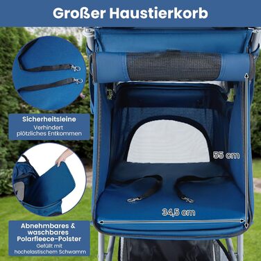 Візок для собак та котів COSTWAY, складна конструкція, до 15 кг, 3 колеса, з м'яким сидінням, регульованим козирком, ручкою, сітковими віконцями та кошиком, блакитний