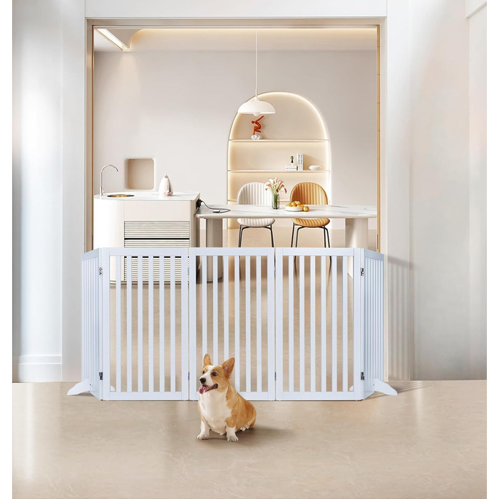 Захисне бар'єр для собак Unipaws: дерев'яне, без свердління, розкладне, для дому, 61 см, білий (5 елементів, 254 x 91 см)