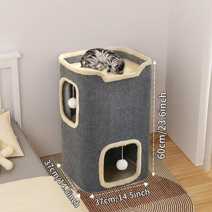 Двоповерховий будиночок для котів UBRAVOO - котяча печера для дому, іграшки-підвіски, прямокутний дизайн