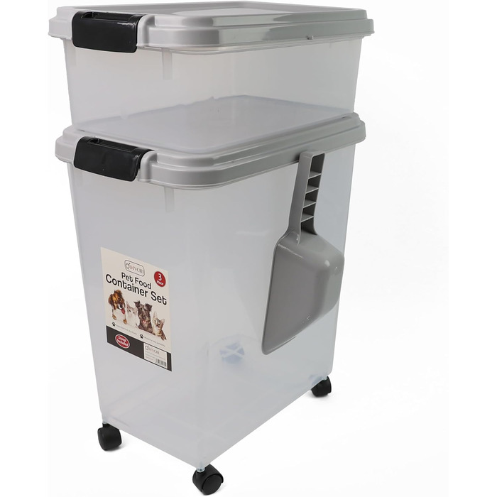 DIVCHI Контейнер для зберігання корму для тварин 3в1 з мірною ложкою, сірий. Підходить для собак, котів та інших тварин. Герметичний, з роликами, для сухого корму