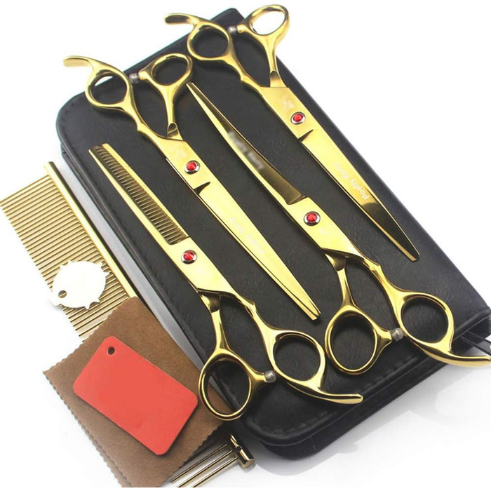 Набір ножиць для грумінгу собак, 7 дюймів, професійний набір для догляду за тваринами, нержавіюча сталь, вигнуті ножиці, ножиці для розрідження, гребінець для грумінгу собак і котів, 5 шт. (Золотий)