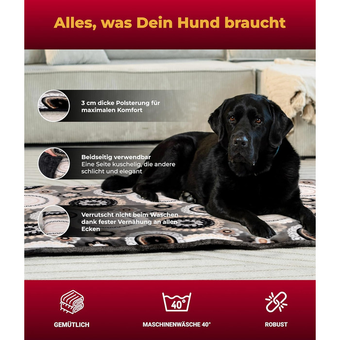 Лежак для собак HS-Hundebett, двосторонній, 75x115 см, м'який, з 3 см наповнювачем, для дивану, авто, переноски, дизайн мандала антрацит, вироблено в Німеччині