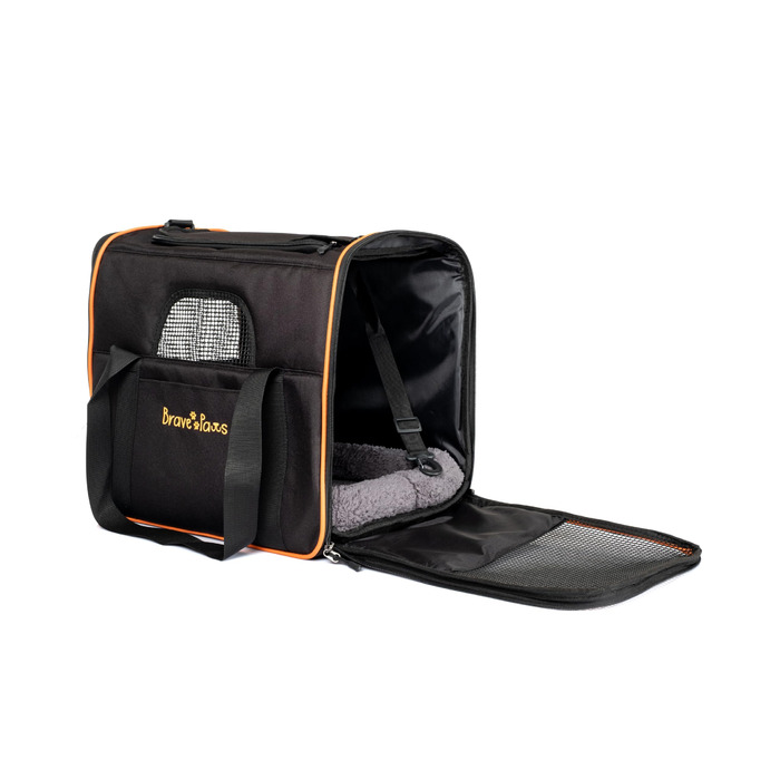 Транспортна сумка для котів та собак Brave Paws, міцна сітка, зручна, дихаюча, з безпечними застібками та складною мискою (чорна)