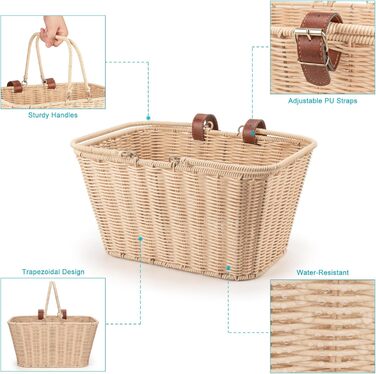 Фарбований велосипедний кошик CXWXC – міцний передній кошик з ручної плетіння з лози з регульованими ремінцями з веганської шкіри, бежевий