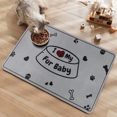 Килимок під миску для собак та котів, сірий, 30x50 см, з принтом 'I love my fur Baby'