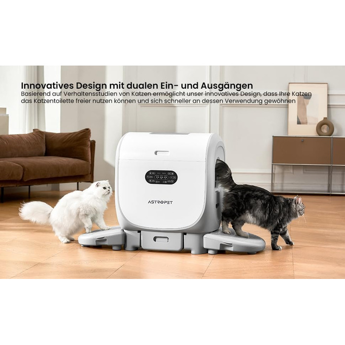 Автоматичний лоток для котів AstroPet 101L з самоочищенням, килимком, керуванням через додаток, великий XXL, для кількох котів, з двома входами, UV-стерилізація, дезодорація негативними іонами кисню, сірий