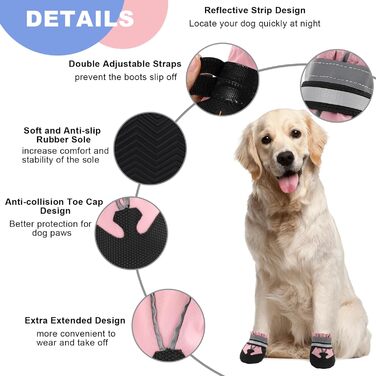 Чоботи для собак, 4 шт., захист лап, водонепроникні, з відбиваючими ременями, міцні, можна прати, для малих, середніх та великих собак (S, рожевий)