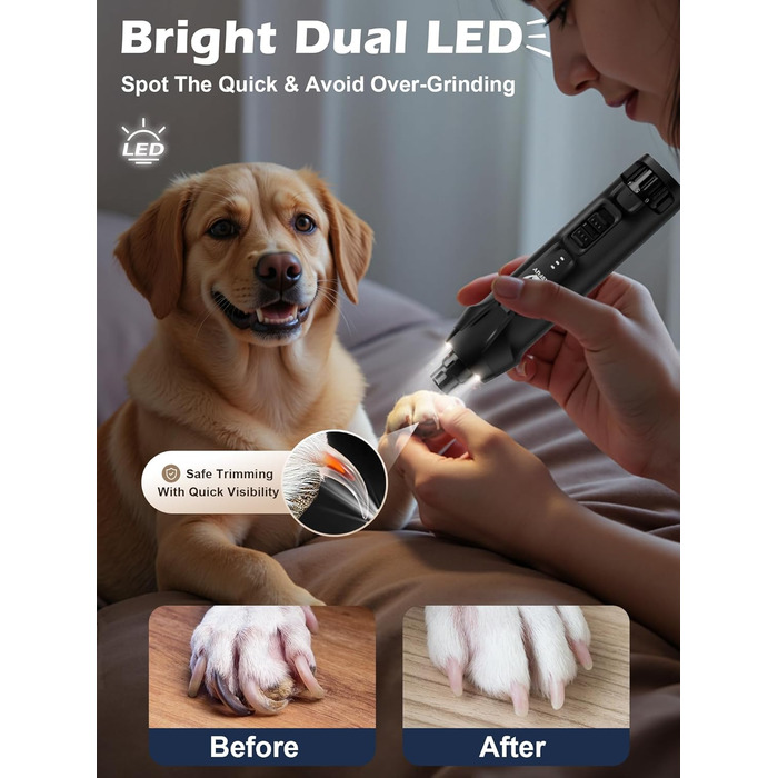 Електричний точилка для собачих кігтів Casfuy - тиха, з LED-підсвіткою та збирачем пилу, 4.8V, для великих собак (чорний)