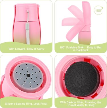 Подорожня пляшка для води для собак та котів JOPHEK 300мл з фільтром з активованого вугілля, зелено-рожева