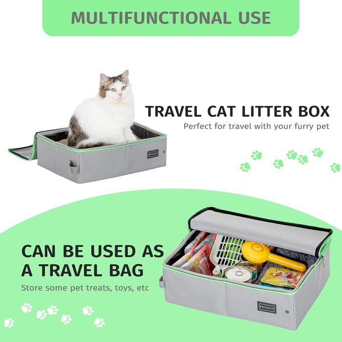 Портативний туалет для котів Petsfit - складаний, легкий, для подорожей (40x30x12 см, сірий & зелений)