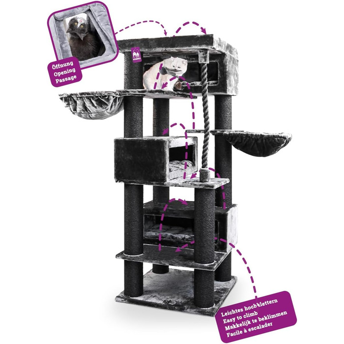 Дряпка для великих котів Petrebels Turnpike XXL 200 см, чорна, стовпи Ø15 см, Maine Coon, 76x76 см