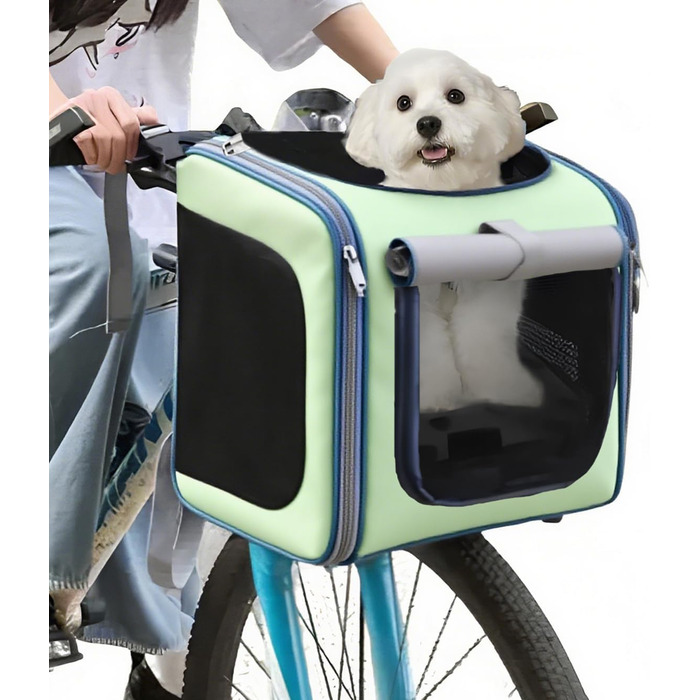 Кошик для собак на велосипед, розкладний, зелений. Кошик для тварин до 10 кг з 4 дверцятами та сітковими вікнами.