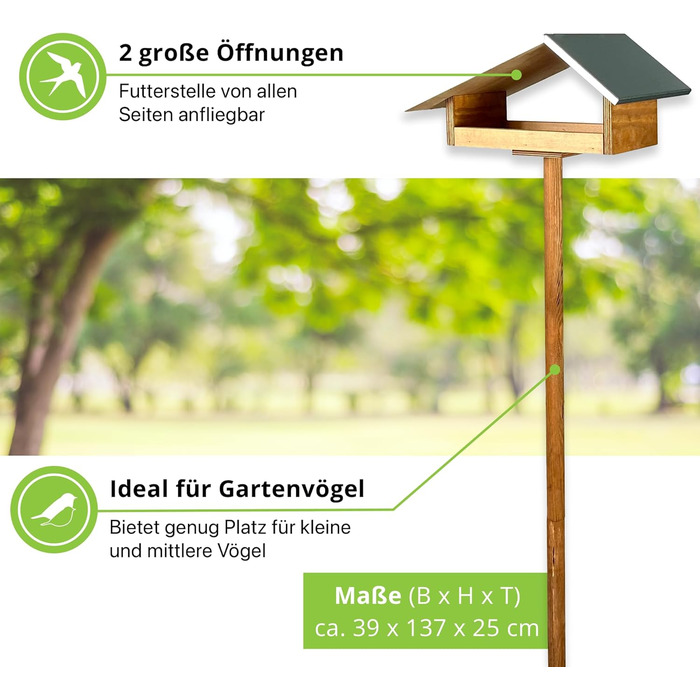 Дизайнерська годівниця для птахів GARTENETAGE з металевим дахом, дерев'яна, на стійці, для саду, стійка до негоди