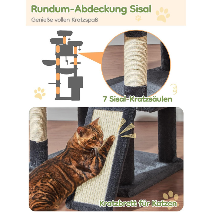 Котячий будиночок Taoqimiao 193 см XXL: великий, стабільний, з 2 будиночками, 7 стовпчиками для дряпання, гамаком та кошиком (MS047G, сірий)