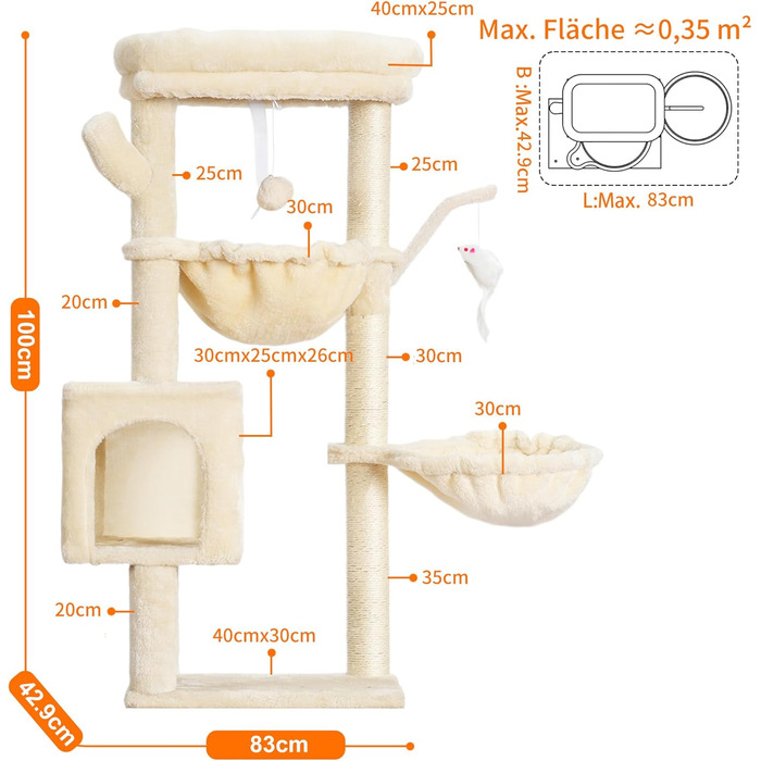 Котячий будиночок Heybly Kratzbaum: 100 см, з платформою, печерею, 2 гамаками та іграшками. Активний котячий будиночок, HCT006SW (Бежевий)