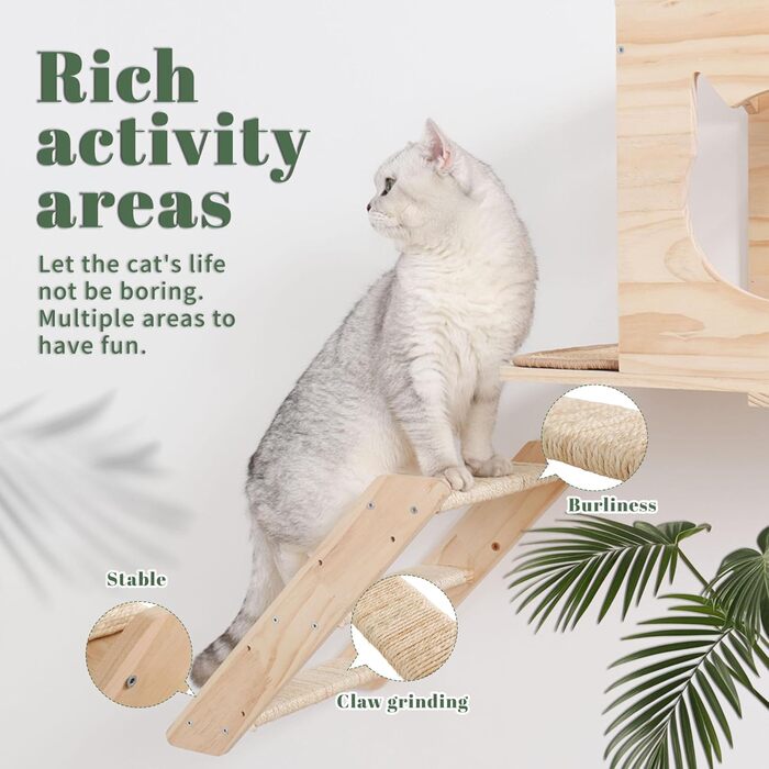 Котячий комплекс на стіну MIUZMORE: 7 елементів, котячі полиці та стійки для дряпання з високого сизалю, кріплення на стіну, котячий крізь-дерево, компактні меблі для дому.