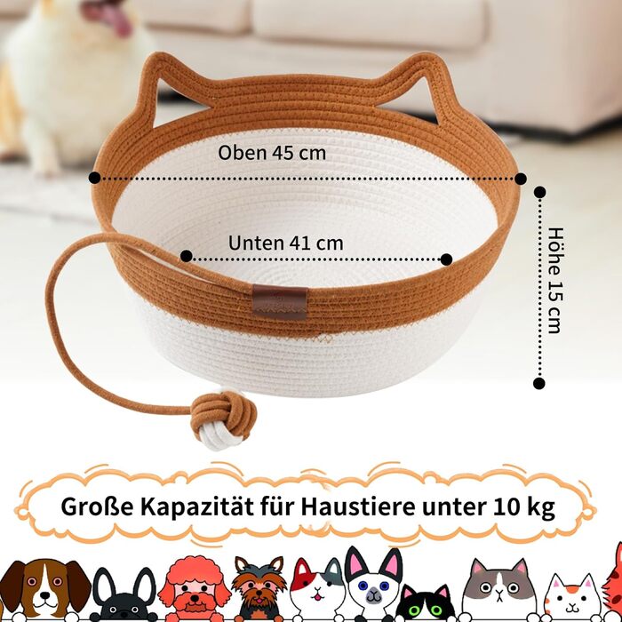 Ручне ткане ліжко для котів Maisly з бавовняного шнура, дихаюче та стійке до подряпин, складане гніздо для котів, універсальний кошик для домашніх тварин з іграшкою для котів та маленьких собак до 10 кг