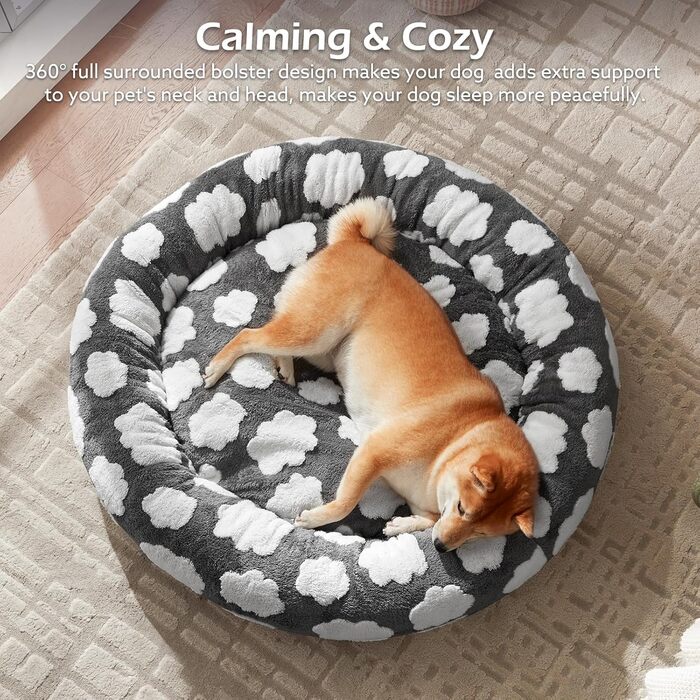 Кругле ліжко для собак JOEJOY Donut, сіре, велике (36x36x10 см), ортопедичне, знімний чохол, антиковзаюча основа