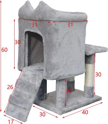 Дряпка для котів Fudajo 60 см з будиночком, платформами та ігровими елементами, покриття сизаль, сірий колір
