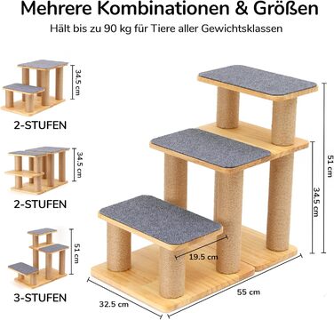 Сходинка для собак FUKUMARU, 3 сходинки, дерев'яна (сосна) з джутової тканини, регульована висота 18-51 см, вантажопідйомність до 90 кг, 6 варіантів підйому на ліжко/диван, сірий колір