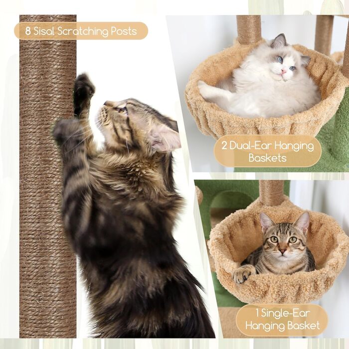 Дерев'яний комплекс для котів Globlazer XXL, 209 см, з 2 будиночками, великою платформою, 3 кошиками, ситцевими стійками, 8 сизалевими стовпчиками для дряпання, стабільний, зелений