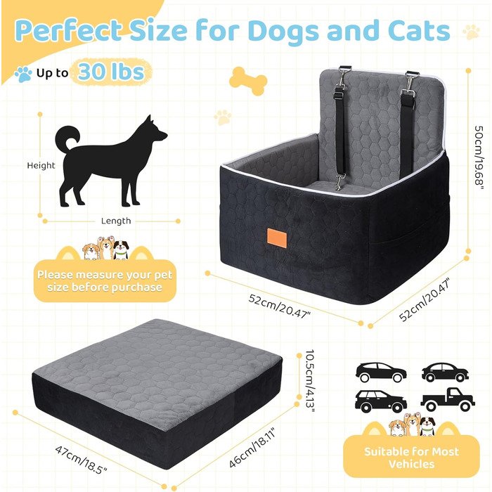 Автомобільний лежак для собак середніх та маленьких порід (до 13.6 кг), 52x52x50 см, з м'якою піною Memory Foam та кріпленням для безпеки