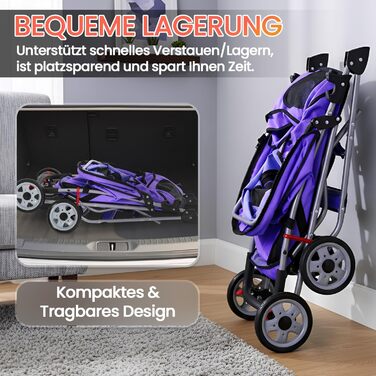 Візок для собак FDW, складний, для котів та собак, з обертовими колесами на 360°, з кошиком для зберігання, подушкою та сітковими віконцями, тримачем для напоїв, до 15 кг, фіолетовий