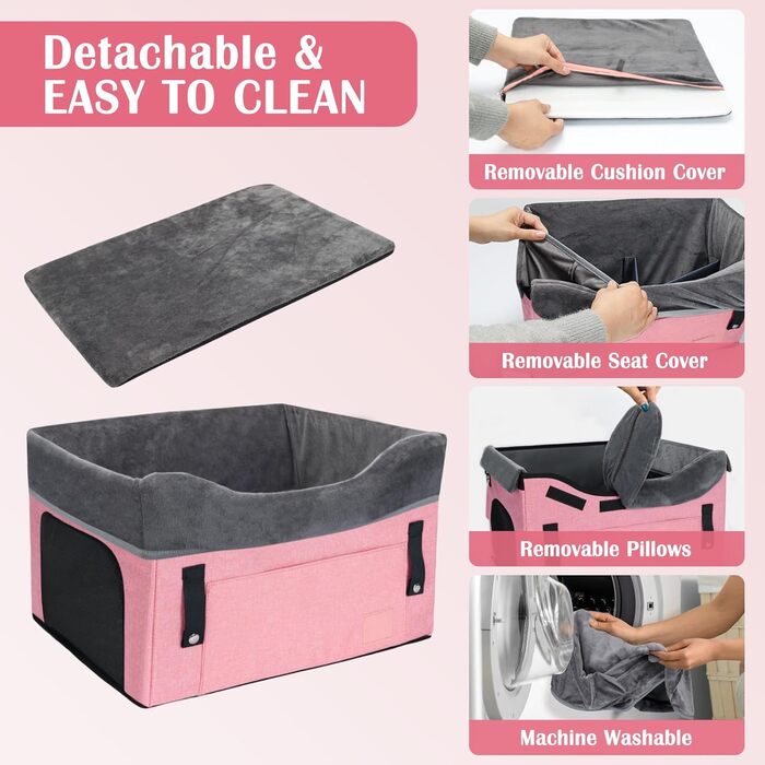 Автокрісло для собак PetsHome - рожеве, для маленьких собак, знімний, з кишенею, безпечне