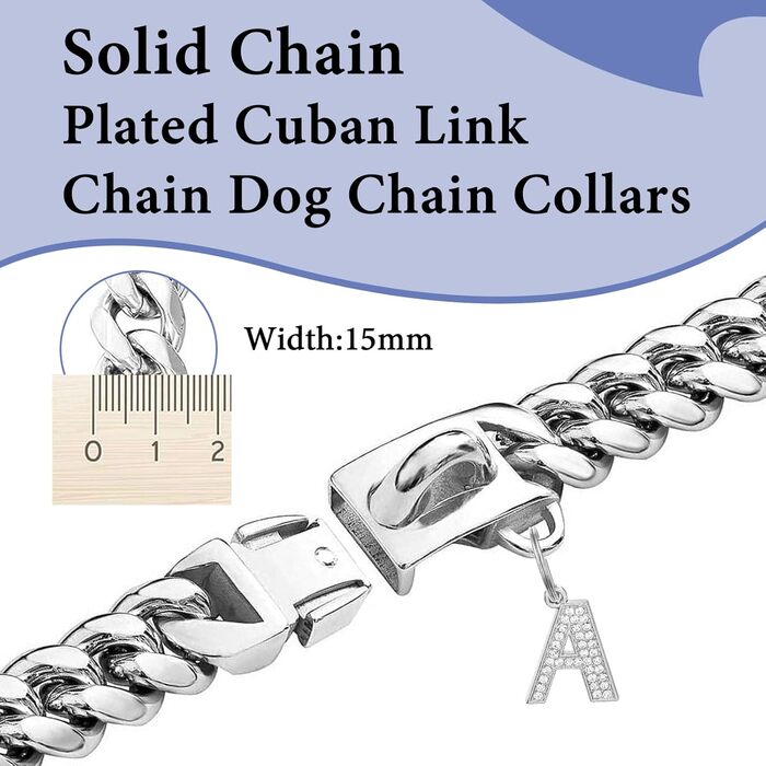 Сріблясте собаче намисто 15 мм з кулоном, нашийник для собак, ланцюжок з нержавіючої сталі з кубинськими ланками, міцний, не гризучий нашийник для собак маленьких та середніх порід (25 см)
