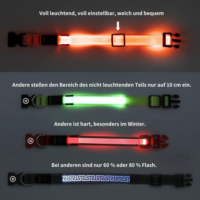 LED-ошийник для собак Leuchthalsband: перезаряджуваний USB, водонепроникний, яскравий, регульований, для середніх та великих собак (Помаранчевий, L)