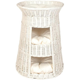 Кігтечка-ліжко для котів - Кругла кімната для відпочинку - Кігтечка з лози - Триповерхове ліжко для собак або котів - Плетена корзина білого кольору - (Бежева подушка)