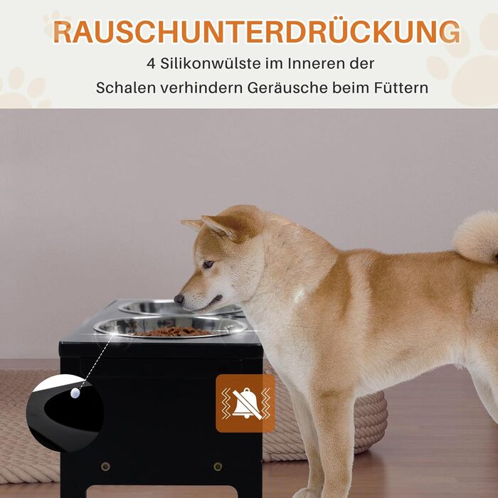 Підвищені годівниці для собак HTB, бамбук, з 2 мисками з нержавіючої сталі, 44x24x18 см, 18 см висота, чорний колір
